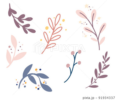 Branches set for decoration. Boho Floral elements in pastel colors. Perfect for baby shower, birthday, children's party, clothing prints. Hand Draw Vector illustration. Branches set for decoration. Boho Floral elements in pastel colors. Perfect for baby shower, birthday, children's party, clothing prints. Hand Draw Vector illustration. 91934337