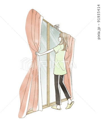 雨の日にカーテンを開けて外を見ている女性 91935414