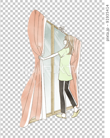 A woman looking out with the curtain open on a rainy day 91935414