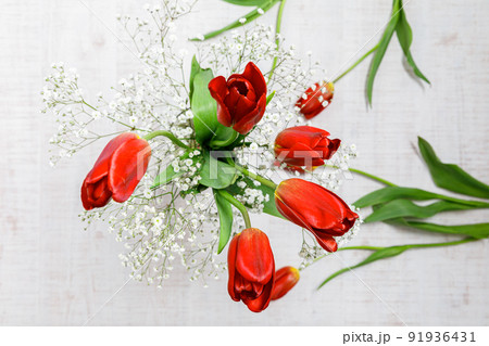花 ： 赤いチューリップとカスミソウの3Dイメージ 91936431