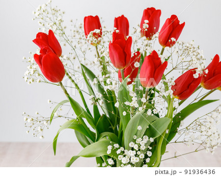 花 ： 赤いチューリップとカスミソウの3Dイメージの写真素材 [91936436