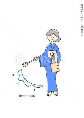 打ち水をする浴衣姿の女性のシンプルなイラスト（カラー） 91936660
