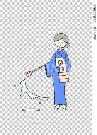 打ち水をする浴衣姿の女性のシンプルなイラスト（カラー） 91936660