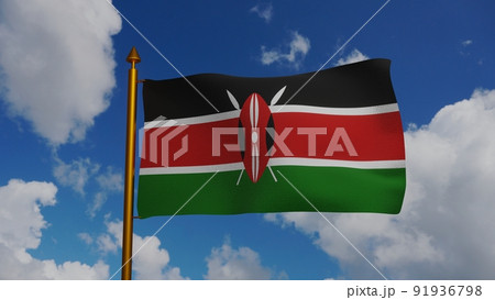 National flag of Kenya waving 3D Render with flagpole and blue sky, Republic of Kenya flag textile with Maasai shield, coat of arms Kenya independence day, Bendera ya Kenya National flag of Kenya waving 3D Render with flagpole and blue sky, Republic of Kenya flag textile with Maasai shield, coat of arms Kenya independence day, Bendera ya Kenya 91936798