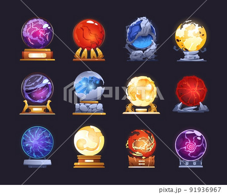 Cartoon magic orb. Energy witchcraft crystal ball for prophecy of future, fantasy wizard glass sphere on wooden and metal stands. Vector prediction globe set Cartoon magic orb. Energy witchcraft crystal ball for prophecy of future, fantasy wizard glass sphere on wooden and metal stands. Vector prediction globe set 91936967