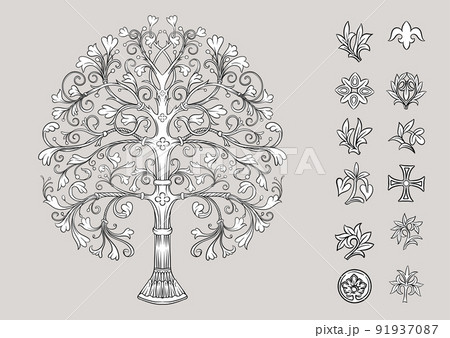 Byzantine traditional historical motifs of animals, birds, flowers and plants  91937087