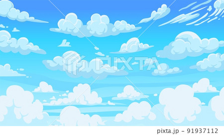 Cloudy sky background. Cartoon atmospheric anime scenery with white clouds and sunny blue summer sky. Vector sunny weather landscape illustration 91937112