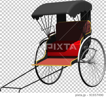 神社仏閣の観光地でよく観る人力車（屋根付き）。背景透明イラストの