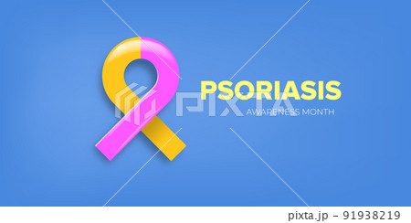 Psoriasis awareness month concept horizontal banner design template with yellow and violet ribbon and text isolated on blue background. August is Psoriasis awareness month vector flyer or poster Psoriasis awareness month concept horizontal banner design template with yellow and violet ribbon and text isolated on blue background. August is Psoriasis awareness month vector flyer or poster 91938219
