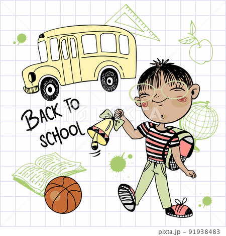 A cute boy student with a bell and a backpack goes to school. Back to school. The school bus. Vector A cute boy student with a bell and a backpack goes to school. Back to school. The school bus. Vector 91938483