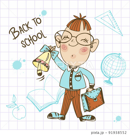 A cute boy student with a bell and a briefcase goes to school. Back to school. Vector A cute boy student with a bell and a briefcase goes to school. Back to school. Vector 91938552