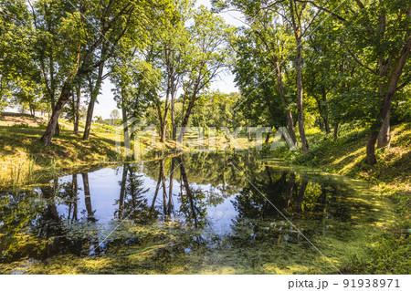 Uzutrakis manor gardens landscape. Manor park pond Uzutrakis manor gardens landscape. Manor park pond 91938971