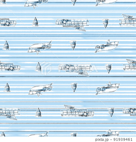 Sailboats with stripes hand drawn seamless pattern in nautical style 91939461