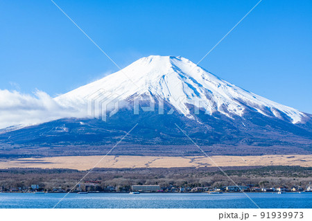 山梨県　中山湖から望む晴天の富士山 91939973