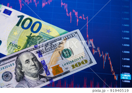dollar and euro banknotes over digital screen with exchange chart, USD EUR parity concept dollar and euro banknotes over digital screen with exchange chart, USD EUR parity concept 91940519