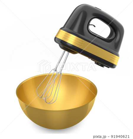 Metal bowl with electric mixer kitchen appliance for blending on white table Metal bowl with electric mixer kitchen appliance for blending on white table 91940621