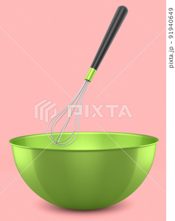 Metal bowl with whisk for preparation of dough isolated on pink background. Metal bowl with whisk for preparation of dough isolated on pink background. 91940649