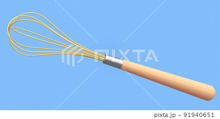 Steel whisk with wooden handle for blending isolated on blue background. Steel whisk with wooden handle for blending isolated on blue background. 91940651