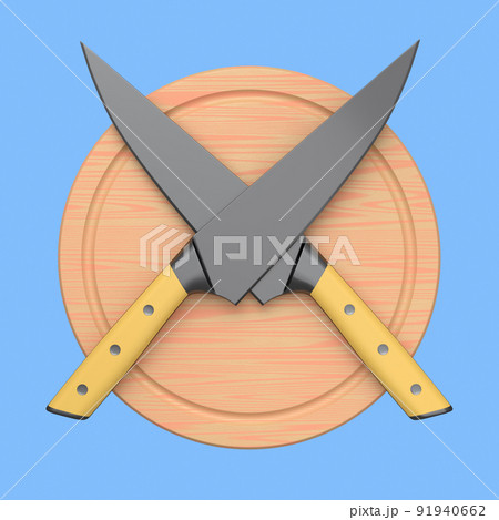 Chef's kitchen knives on a wooden board isolated on blue background. Chef's kitchen knives on a wooden board isolated on blue background. 91940662
