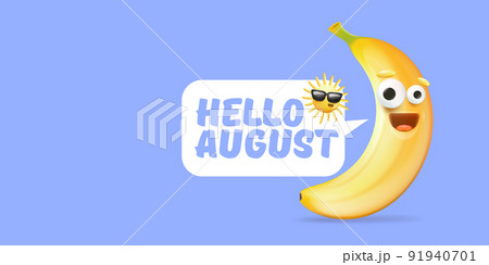 hello August horizontal banner with cartoon sun and funky banana character isolated on summer violet background. Vector 3d clay horizontal hello august scene, poster, flyer, banner and background hello August horizontal banner with cartoon sun and funky banana character isolated on summer violet background. Vector 3d clay horizontal hello august scene, poster, flyer, banner and background 91940701