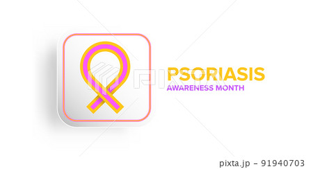 Psoriasis awareness month concept horizontal banner design template with yellow and violet ribbon and text isolated on white background. August is Psoriasis awareness month vector flyer or poster 91940703