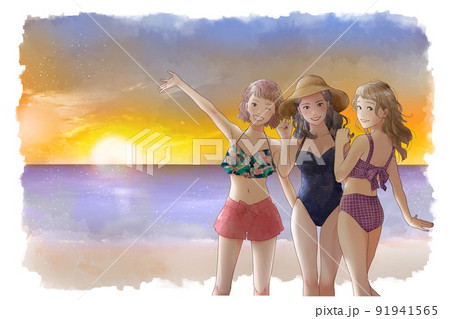 夕焼けのビーチで笑う女性グループ 91941565
