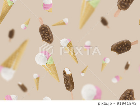 Seamless pattern with ice cream on light brown background. Trendy summer background, texture. Eye-catching design. 3d rendering. 91941845