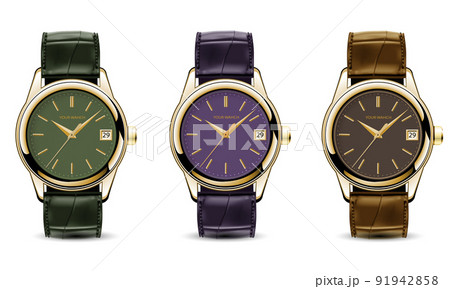 Realistic watch clock gold leather strap green purple brown collection on white design classic luxury vector 91942858