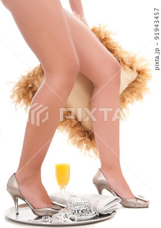 long woman legs with breakfast elements 91943457