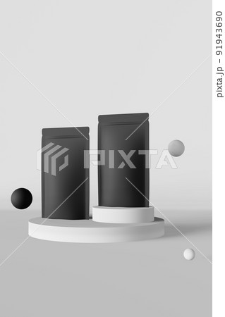 Black pouch bags mockup matte podium white background 3D render. Merchandise packaging product design Blank coffee pack. 91943690