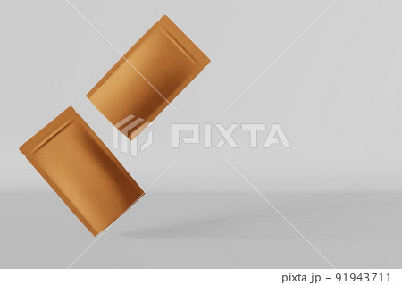 Balancing paper pouch bags mockup white background 3D render Merchandise packaging design. Blank brown kraft pack coffee 91943711