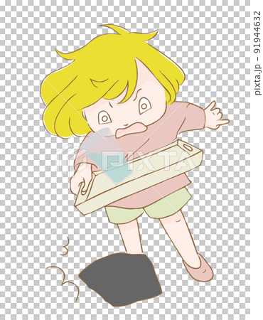 一個蹣跚學步的孩子在被某物絆倒時即將放下放在托盤上的杯子的矢量圖 91944632