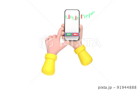 Stock market business scene. Pushing green buy button on smartphone. Money and world economy concept. 91944888