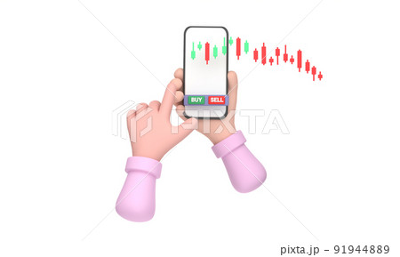 Stock market business scene. Pushing green buy button on smartphone. Money and world economy concept. 91944889