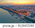 Aerial view of Galati City, Romania. Night city lights after sunset at blue hour 91945590