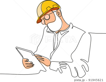Caucasian worker with helmet on head using tablet 91945621