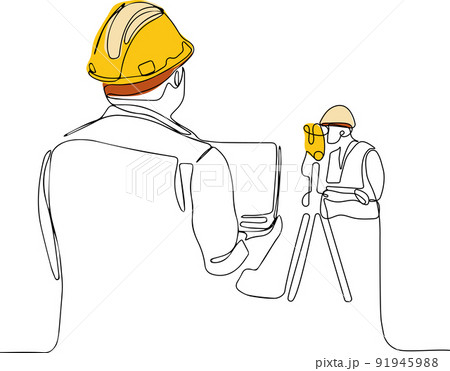 Caucasian worker with helmet on head using tablet 91945988