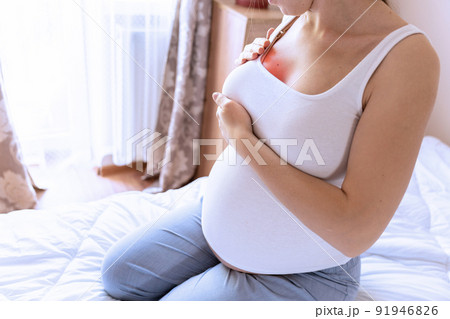 Breast test cancer woman check. Happy young pregnant woman self exam. Breast self exam BSE, breast cancer awareness concept. 91946826