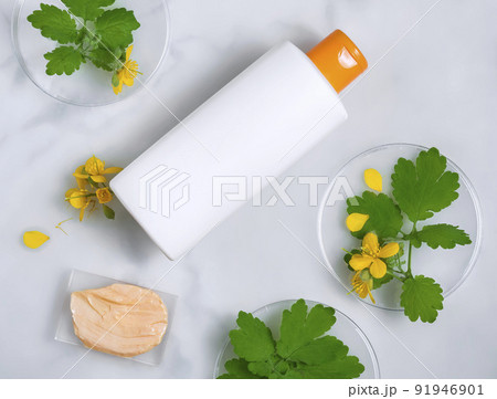 natural cosmetic cream , skincare blank bottle packaging with celandine. bio organic product.beauty and spa concept 91946901