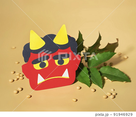 Cute Setsubun paper-craft with Red demon mask and Lucky beans. Traditional japanese festival, Bean throwing Day Cute Setsubun paper-craft with Red demon mask and Lucky beans. Traditional japanese festival, Bean throwing Day 91946929