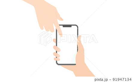 ディスプレイ部分が白いコピースペースになっているスマホを持っている人と指をさしている人の手 ディスプレイ部分が白いコピースペースになっているスマホを持っている人と指をさしている人の手 91947134