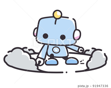 かっこいいポーズで着地するシンプルな線のロボットのイラスト 91947336
