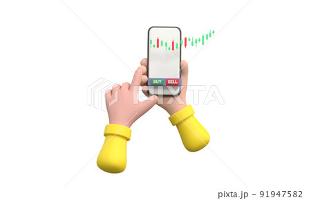 Stock market business scene. Pushing green buy button on smartphone. Money and world economy concept. 91947582