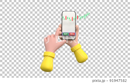 Stock market business scene. Pushing green buy button on smartphone. Money and world economy concept. 91947582