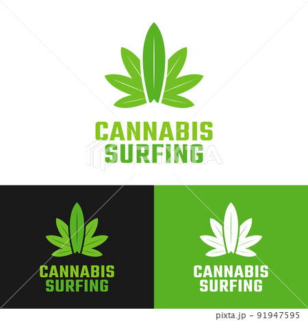 Cannabis Leaves with Surfing Board Logo Design Template 91947595