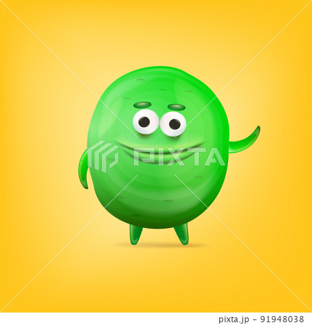 Vector cartoon funny green alien monster isolated on yellow background. Smiling silly green monster print sticker design template. Cute Ghost, troll, gremlin, goblin, devil and halloween monster Vector cartoon funny green alien monster isolated on yellow background. Smiling silly green monster print sticker design template. Cute Ghost, troll, gremlin, goblin, devil and halloween monster 91948038