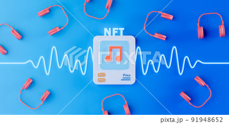 3d rendering concept NFT or non fungible token for music with neon sound wave and red headphones on blue gradient background. 91948652