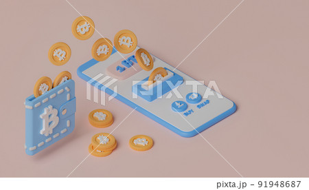Isometric 3d rendering concept cryptocurrency digital wallet illustration. Smartphone with bitcoin and wallet. 91948687