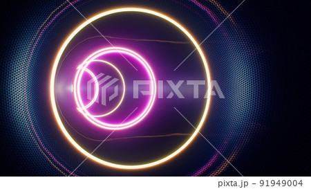 Shiny Purple and Yellow Circle Shape Light in the Metal Grill Tunnel 3D Rendering 91949004