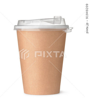 Brown disposable paper coffee cup with transparent plastic lid Brown disposable paper coffee cup with transparent plastic lid 91949209